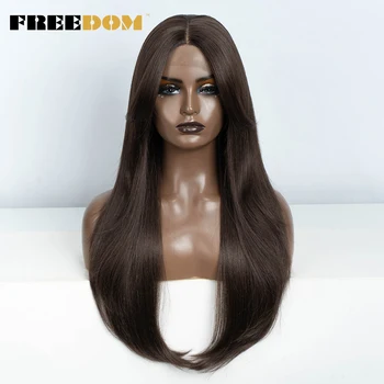 FREEDOM-peluca sintética recta con malla frontal para mujer, de 26 pulgadas con flequillo cabellera larga, color ombré, marrón, Rubio, gris, rojo, Cosplay