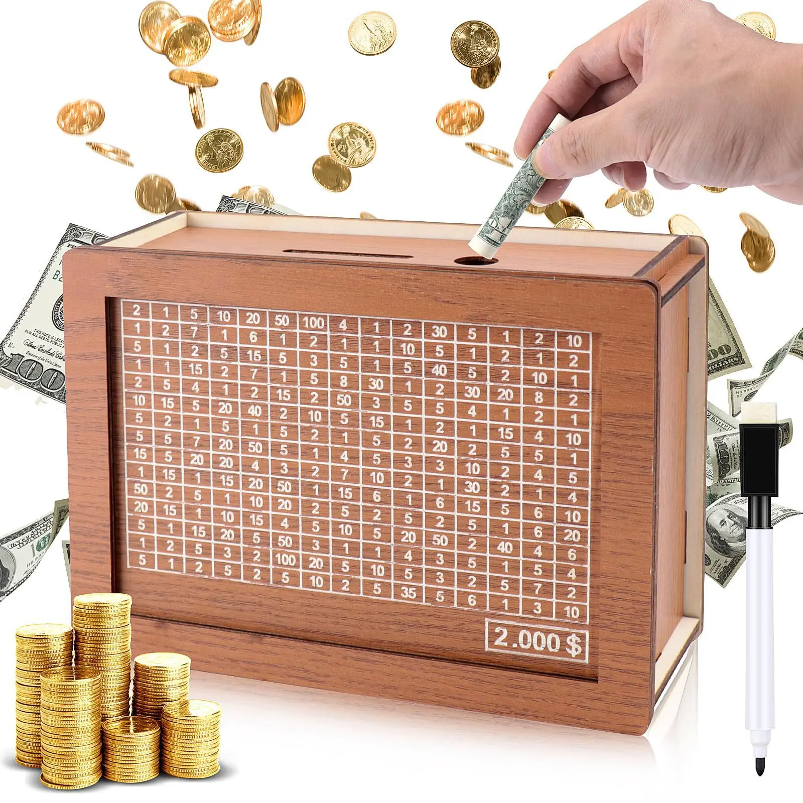 1pcs Money Wood Box Piggy Bank Wood Money Bank Reusable Money Box With Saving Goal And Numbers Money Boxes Money Drawer