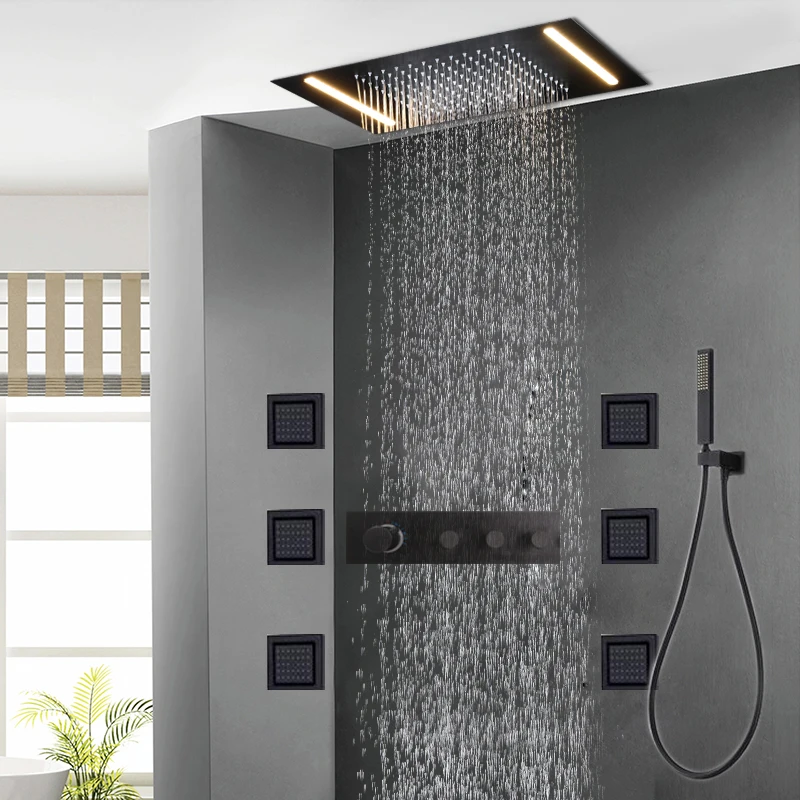 Rain 500*360mm Shower Panel System Rainfall LED Shower Head Ceiling Brass Thermostatic Bathroom Faucets Black 3 Functions Valve