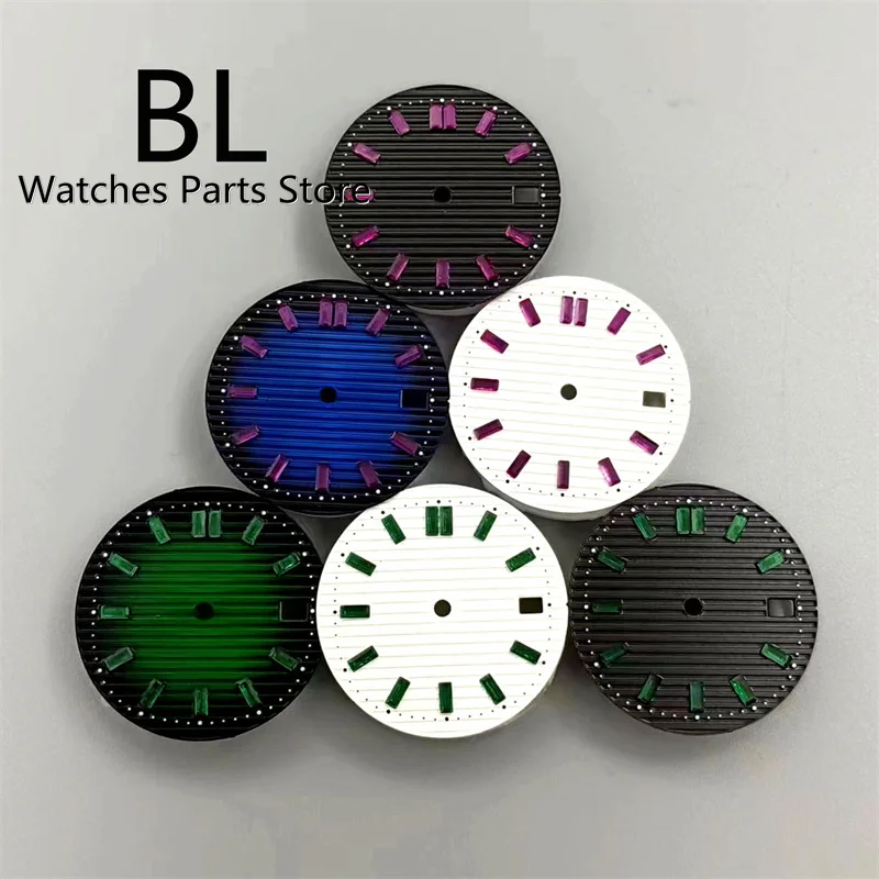 

BLIGER 29mm Fluted Watch Dial With Green Purple Diamond Time Index Mark Black White Bule Green For NH35A Automatic Movement Date