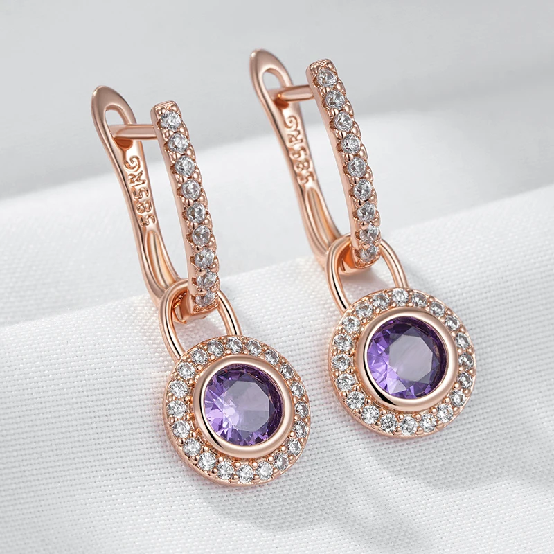 Kinel Sparkling Purple Round Natural Zircon Drop Earrings for Women Fashion 585 Rose Gold Color Vintage Party Daily Jewelry
