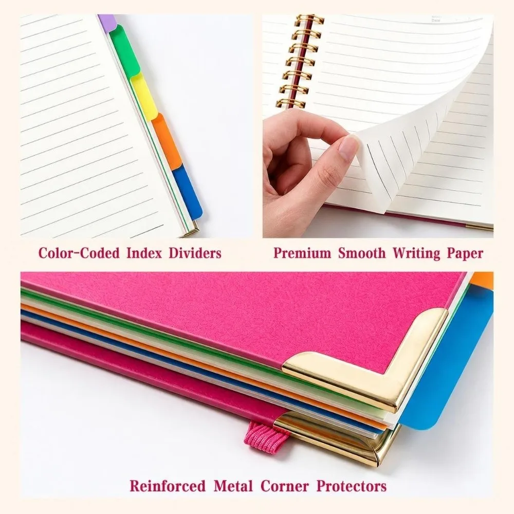 A5 Hardcover Spiral Notebook Removable Dividers with Tabs Journal Notebook Leather Cover Spiral Bound Notebook College Ruled