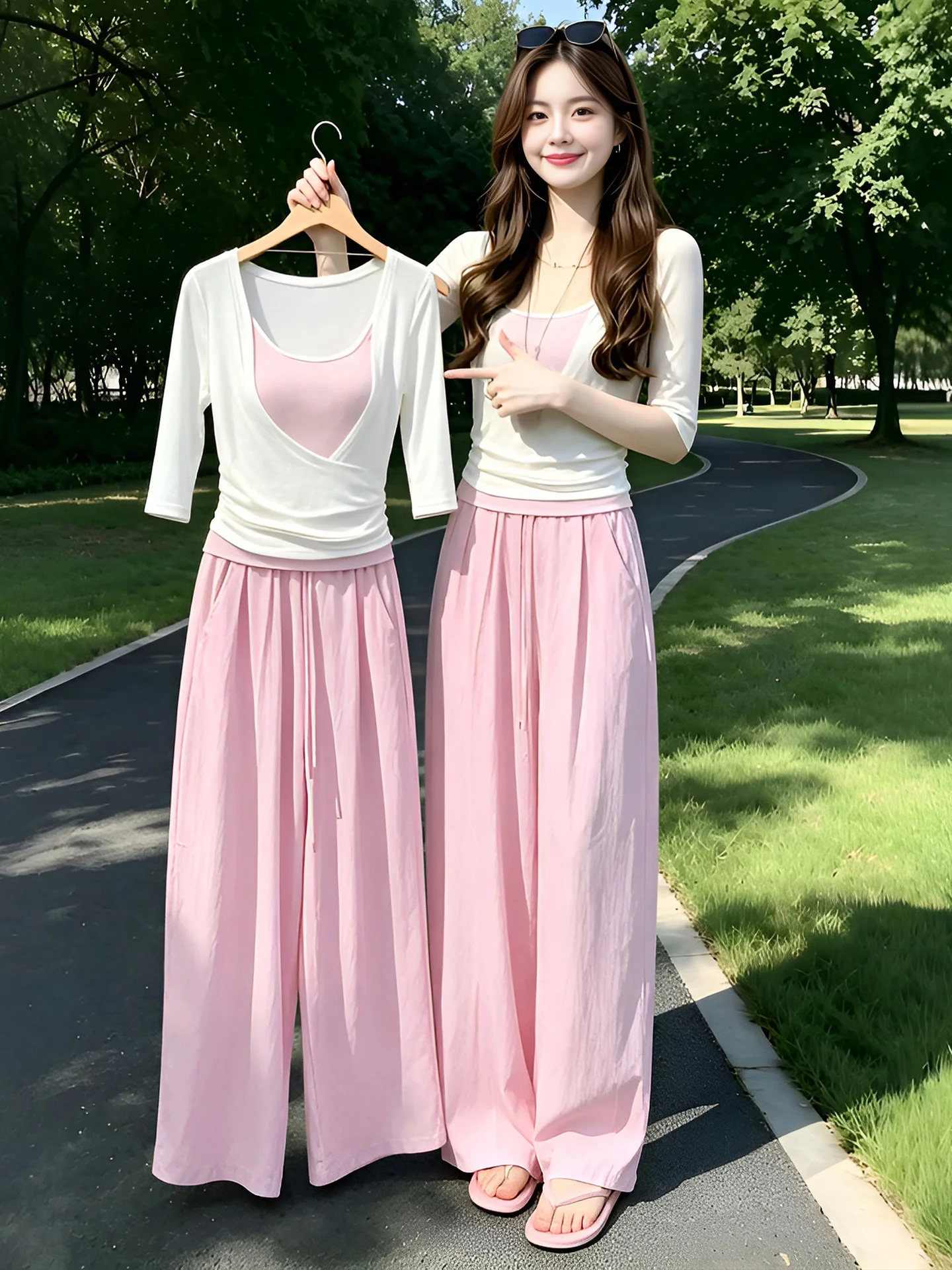 

Korean Style Pure Desire Lazy Fashion Slim Fit mid Sleeve Thin Transparent T-Shirt Top High Waist Wide Leg Pants Three Piece ...
