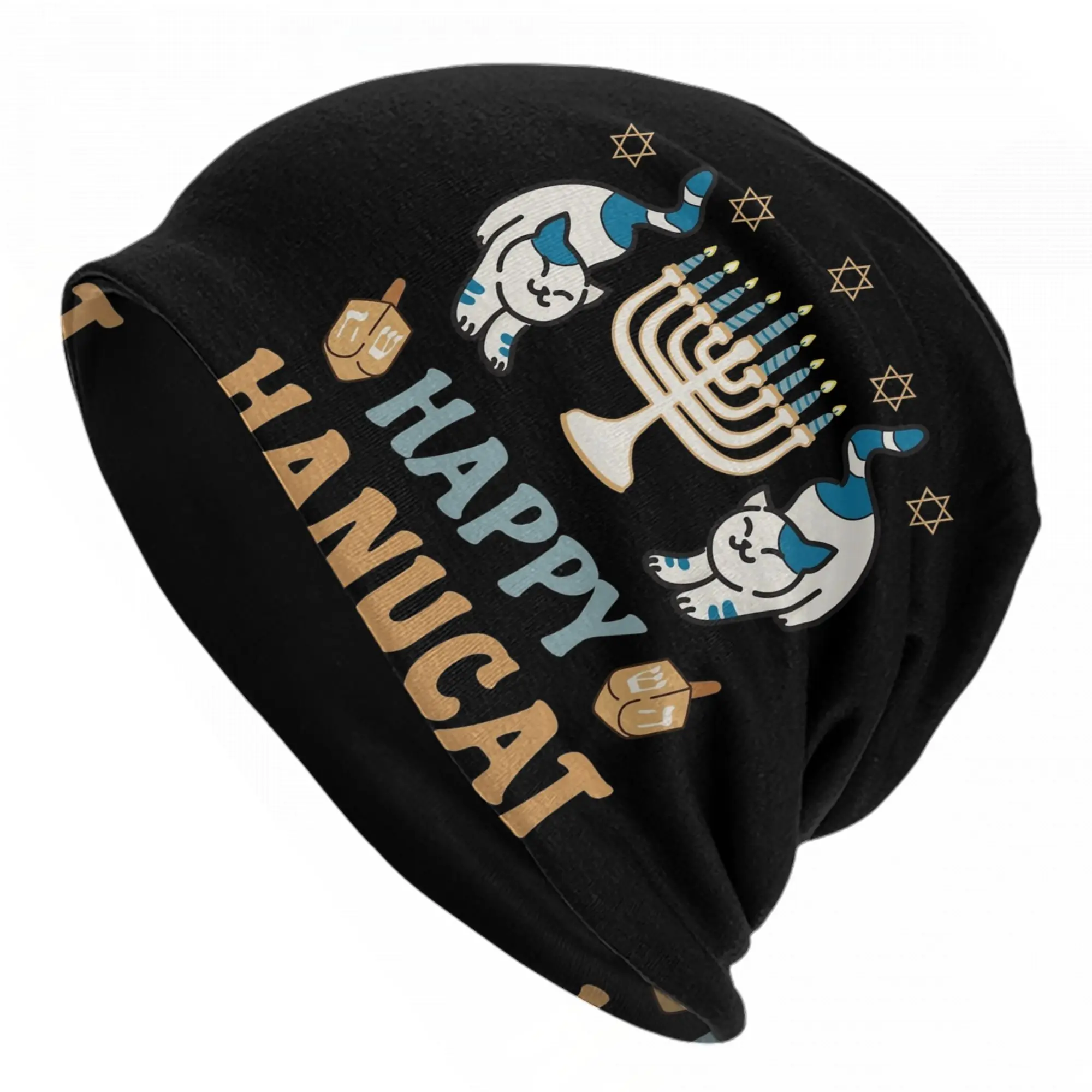 Happy Hanukkah Cat Menorasaurus Bonnet Hat Fashion Street Skullies Beanies Hats  for Men Women Summer Dual-use Cap