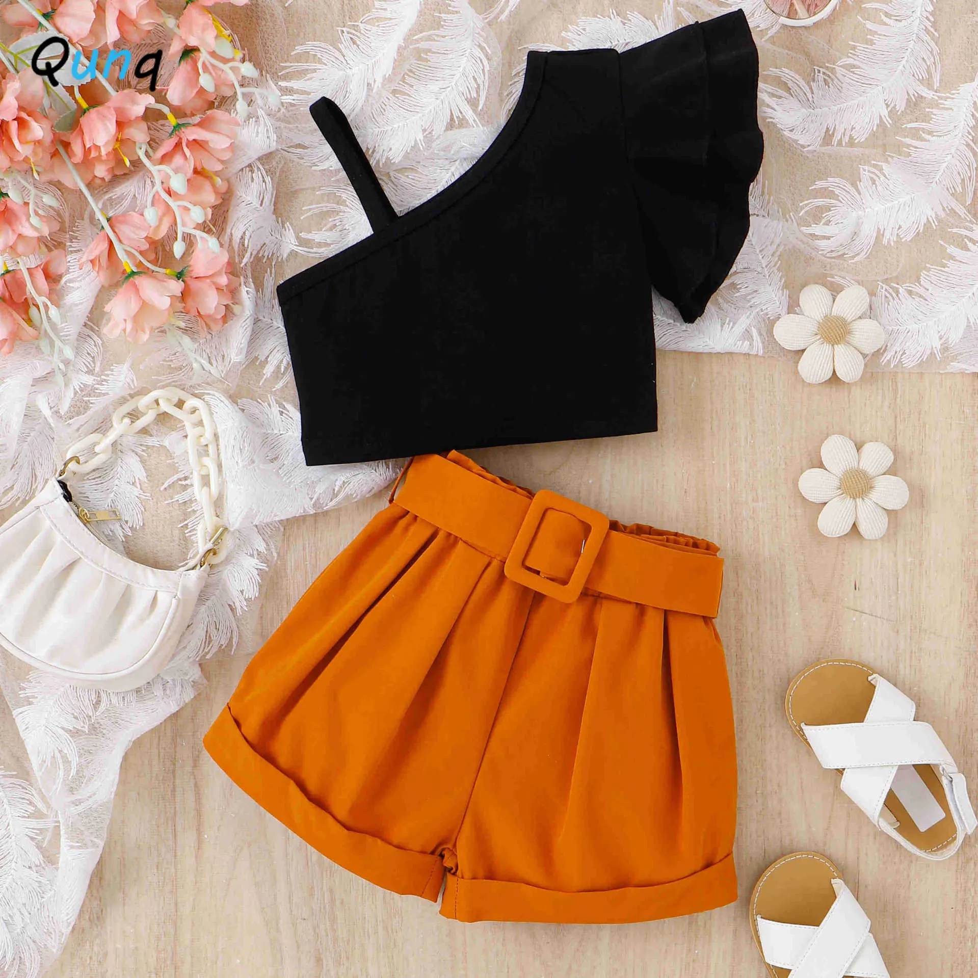 Qunq 2023 Summer INS New Girls Sloping Shoulder Suspender Ruffle Sleeve Top + Shorts 2 Pieces Set Casual Kids Clothes Age 3T-8T