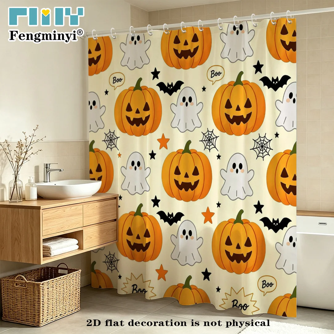 2D Flat, 2D Flat Shower Curtain, 1pc, Halloween and Pumpkin Fun Horror Design Shower Curtain, Bathroom Decor Bathtub Partition C