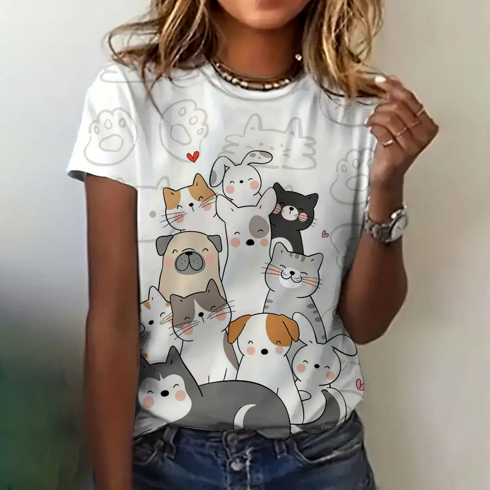 Camiseta de manga corta transpirable con cuello redondo para mujer, Top con patrón de gato bonito, ropa informal holgada, Verano