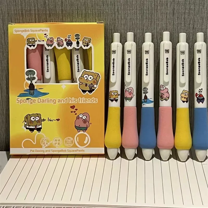 6pcs/set Cute Cartoon Spongebob Squarepants Carbon Pen Quick-dry ST Head The 0.5 Mm Black Supersoft Sponge Sheath Pen