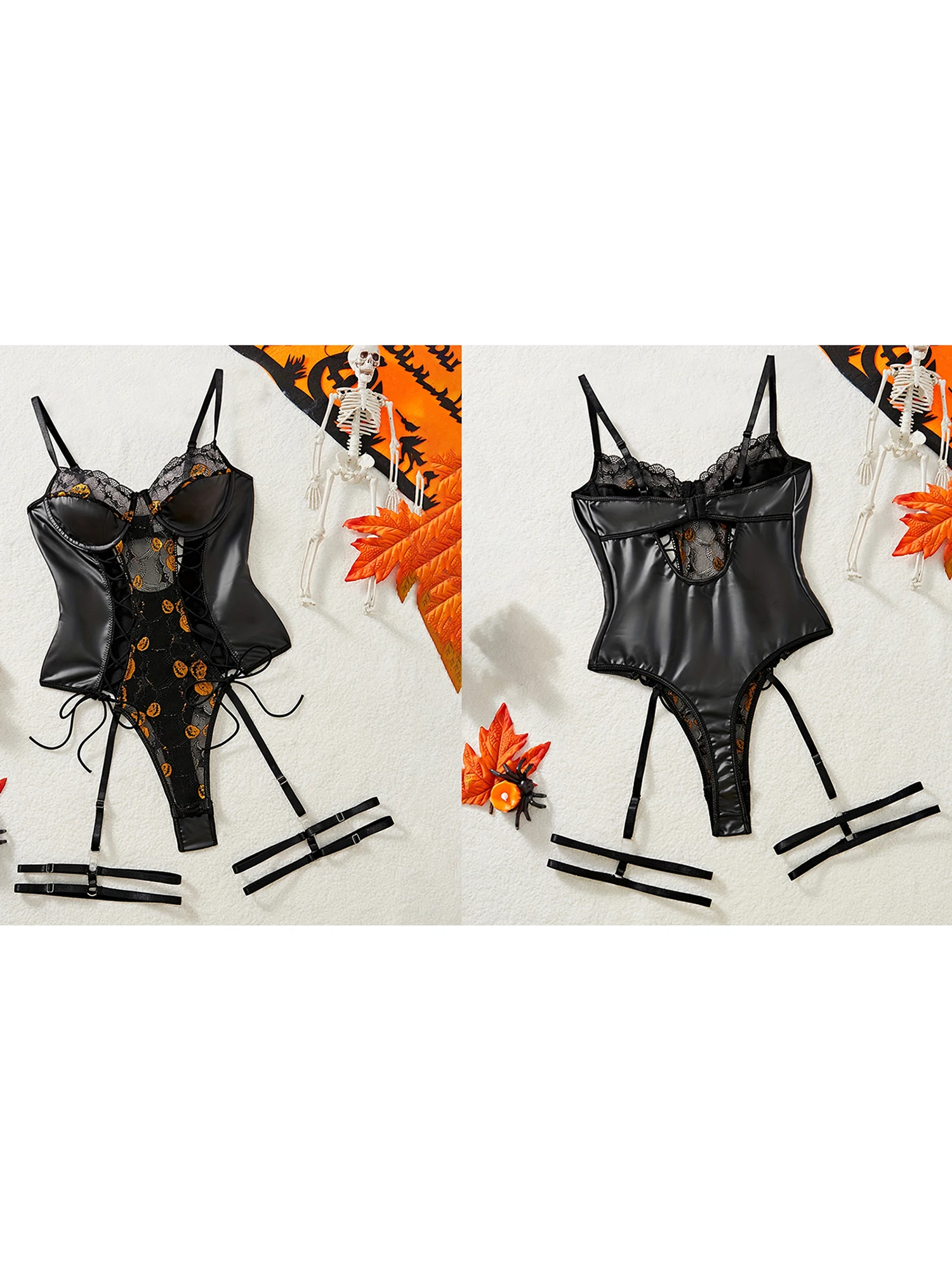 

Женский сексуальный кружевной бандажный комплект нижнего белья с подвязками для ног и подходящими стрингами для костюмированной вечеринки на Хэллоуин