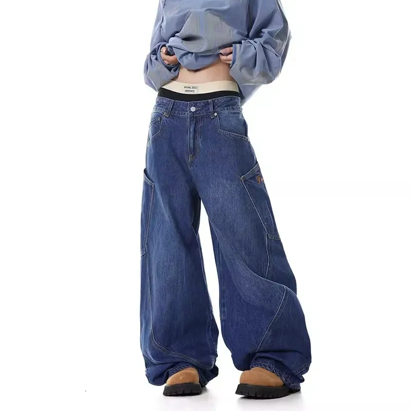 American Vintage Streetwear Jeans Women Chic Loose Casual Jazz Denim Trousers Harajuku Hip Hop Dance Blue Female Wide Leg Pants