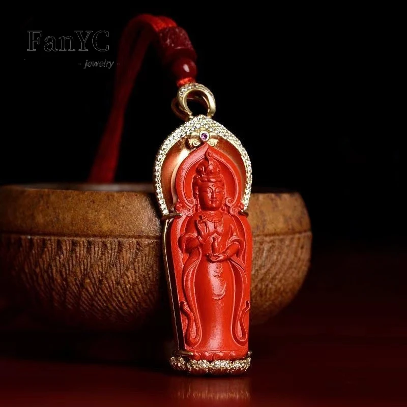 S925 Silver Inlaid Jade Cinnabar GuanYin Pendant Red Sand Bodhisattva Men\'s and Women\'s Necklace Exquisite Jewelry Mascot