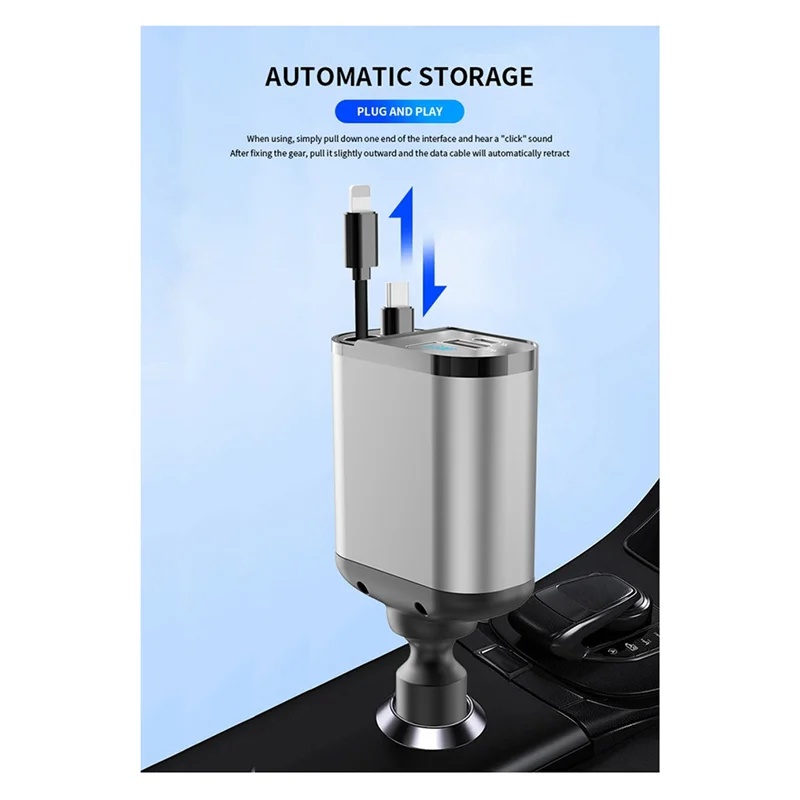 Выдвижное автомобильное зарядное устройство ELEC-4-в-1 с двумя кабелями и 2 портами USB, мини-автомобильное зарядное устройство для Iphone 15/14/Pro Max/Samsung/Pixel
