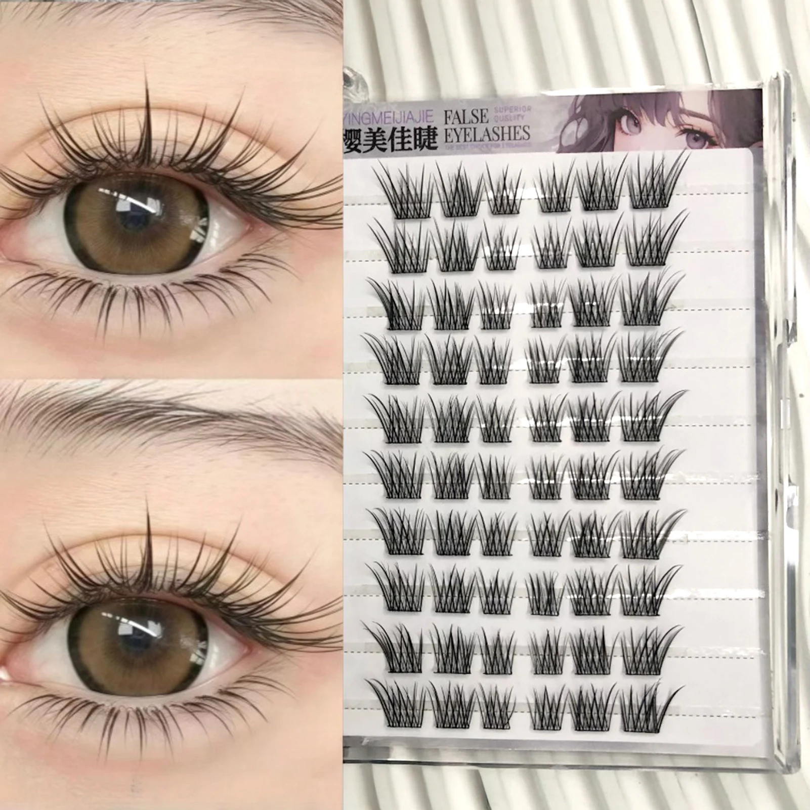 フォックスアイつけまつげ、接着剤不要、クラスター、カール、ウィング、ナチュラルルック、女性用、女の子用、パーティー、デイリーラッシュ