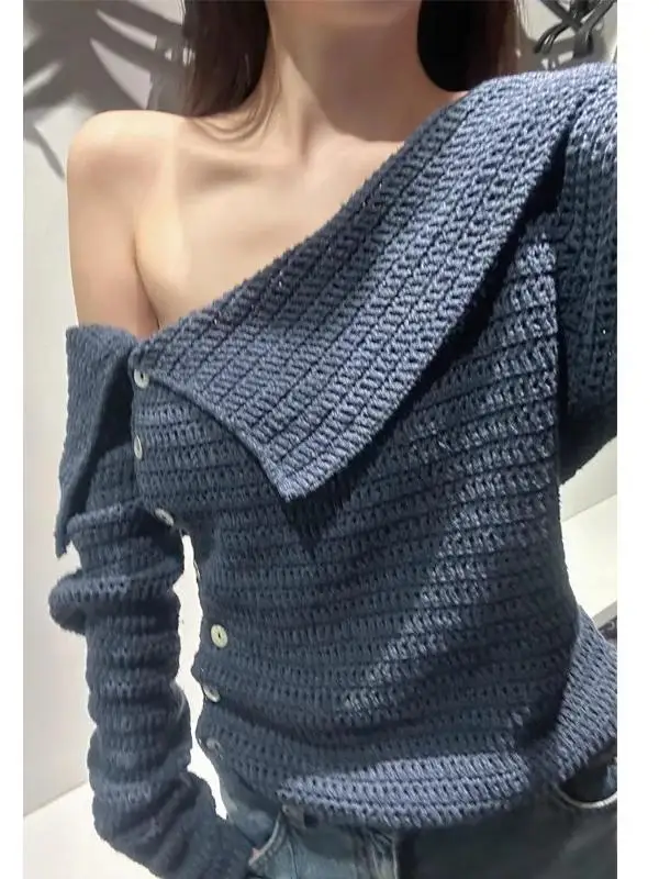 

Retro Spicy Girl Asymmetric Design Long Sve Casual Knitted Sweater Spring Autumn New Arrival Comfortable Korean Sle Loos...