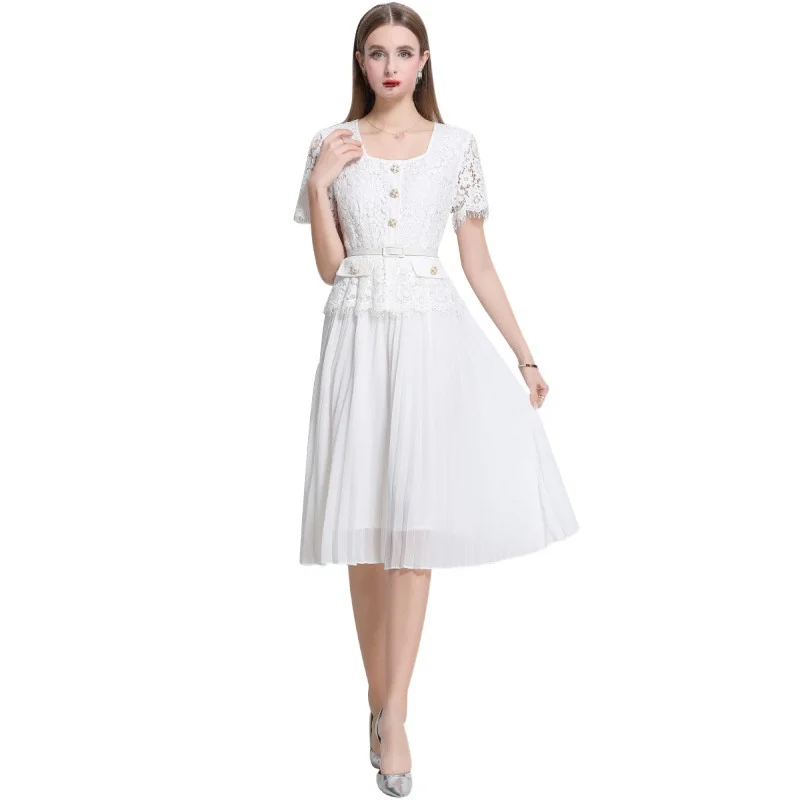 ชุดเดรสยาวผ้าตาข่ายแต่งลูกไม้เอวสูงสำหรับฤดูร้อน พร้อมเข็มขัด คอเหลี่ยม กระโปรงบาน กระดุมเดี่ยว เสื้อคลุม Dr Sli แบบพัน