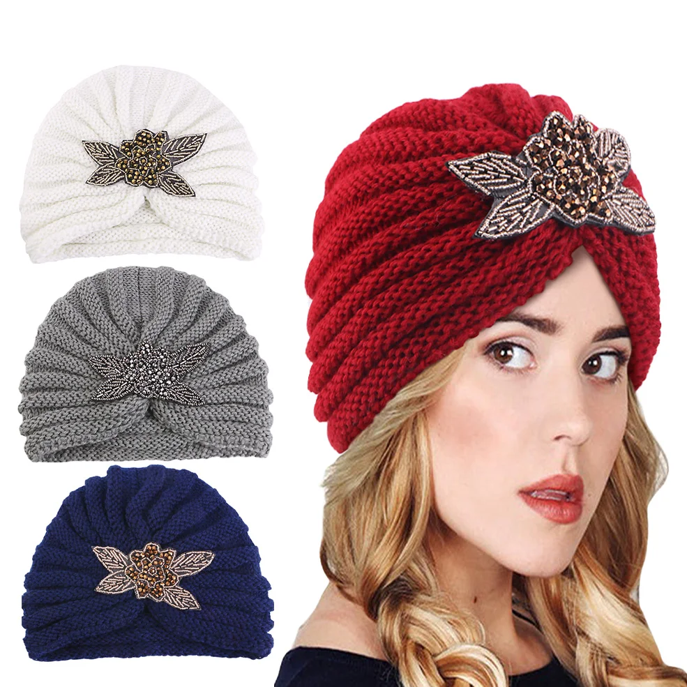 New Women\'s Rhinestone Flower Handmade Knitted Turban Outdoor Acrylic Beanie Cap Elastic Head Wraps Coldproof Warm Knit Hats