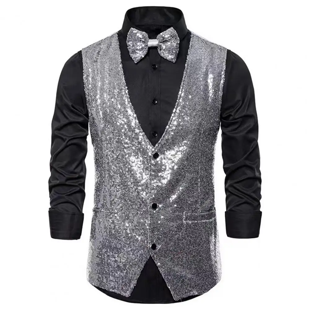 Men Sequin Waistcoat Slim Fit V Neck Sleeveless Single-breasted Vest With Bow-knot Stage Performance Compere Emcee Waistcoat