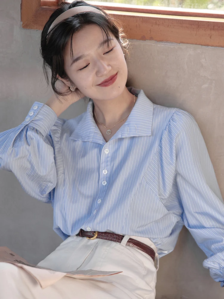 

Blue Striped Women's Shirt Spring 2025 New Style Layering Inner Design Top Collar Long Sleeve Straight Cut Commute Fashion