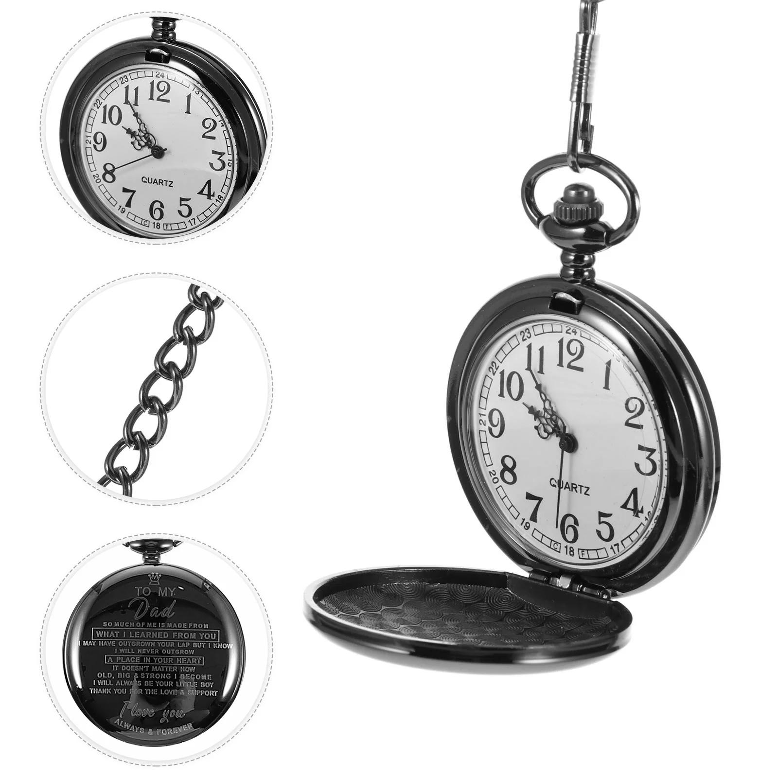 Quartz Movement Hanging Pocket Watch Necklace Vintage Pendant Durable Father's Day Gift Idea Engraved Clear Lettering Design