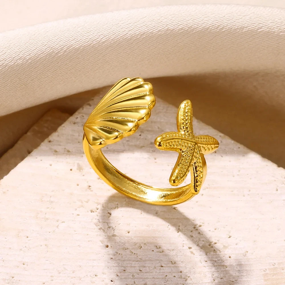 Vintage Shell Starfish Rings For Women Gold Color Stainless Steel Shell Ocean Openning Ring Wedding Summer Jewelry Gift 2024