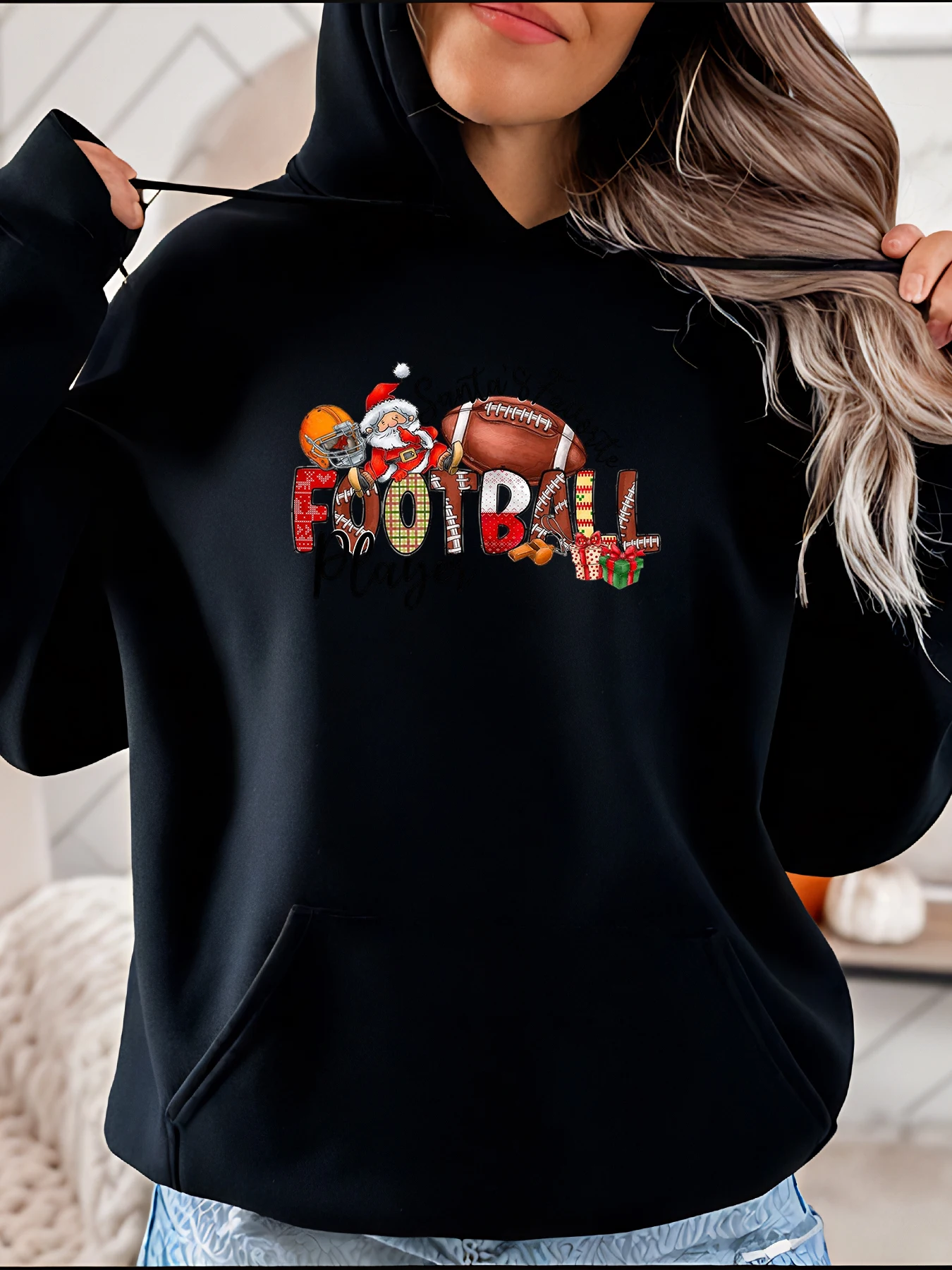 Fußball-Weihnachtsdruck-Hoodie für Damen, lässiges Urlaubs-Sweatshirt 280
