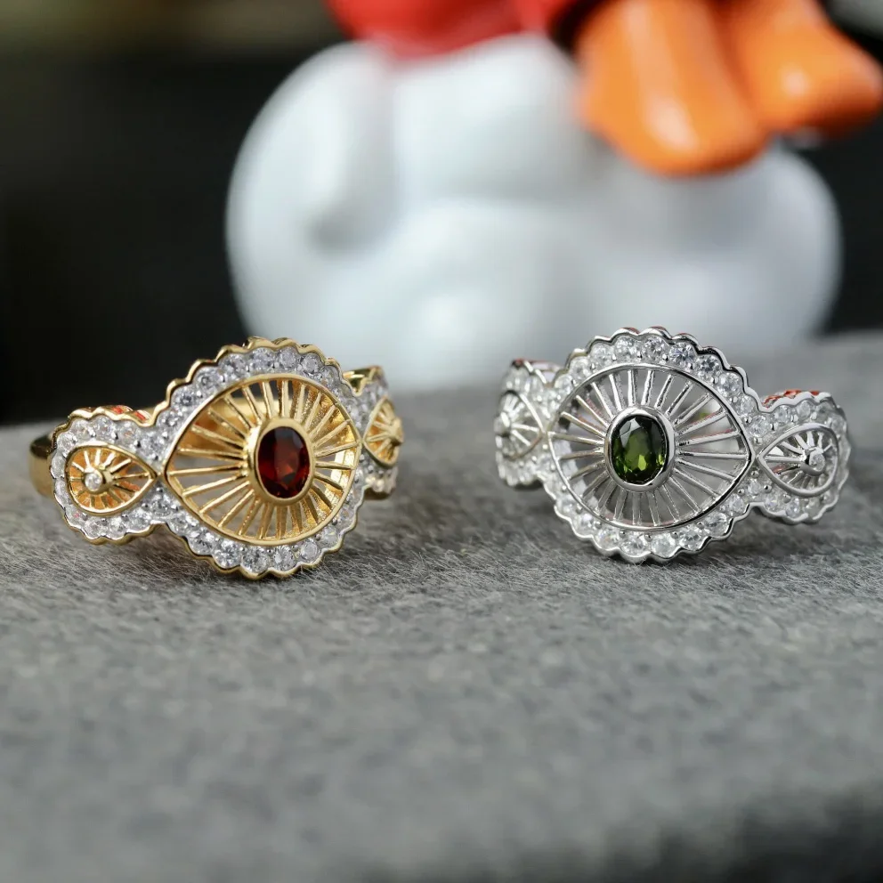 

Ables Chic Natural Garnet Diopside Lace Flower 18K Gold Tone Solid 925 Silver Paved Halo Adjustable Ring 6433