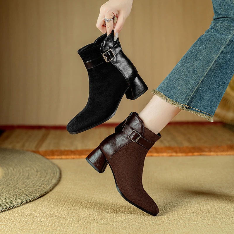 Kcenid Plus Size 32-43 Chunky Heel Ankle Boots For Women Fashion Square Button Decoration Autumn Winter Square Toe Riding Shoes