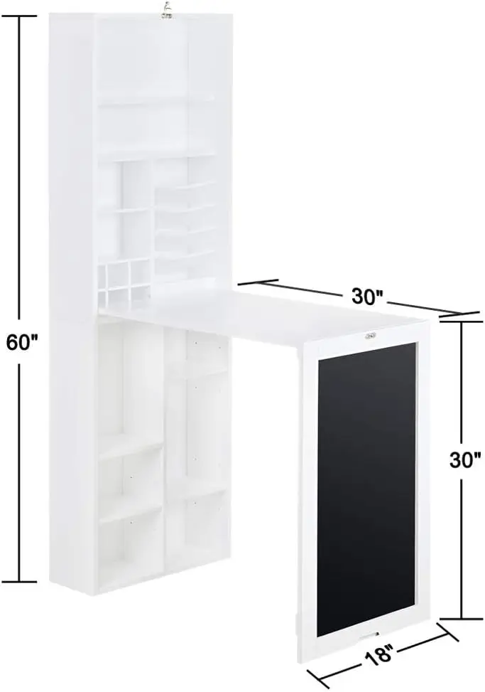 Collapsible Fold Down Desk Table | Chalkboard Wall with Storage Cabinet & Bottom Shelves, Multipurpose Foldable Desk