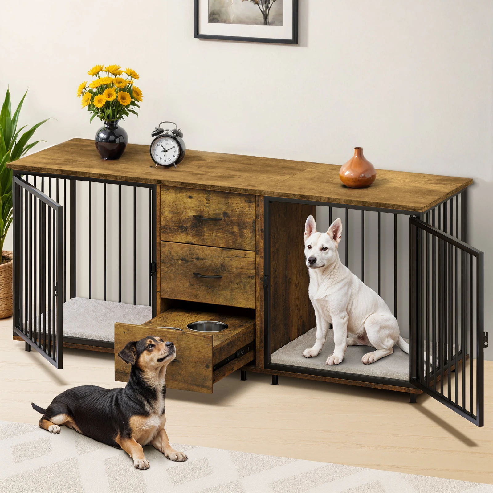 

74" Dog Crate Pet Kennel Sturdy Iron Cage Storage Free Steel Bowl Feeder