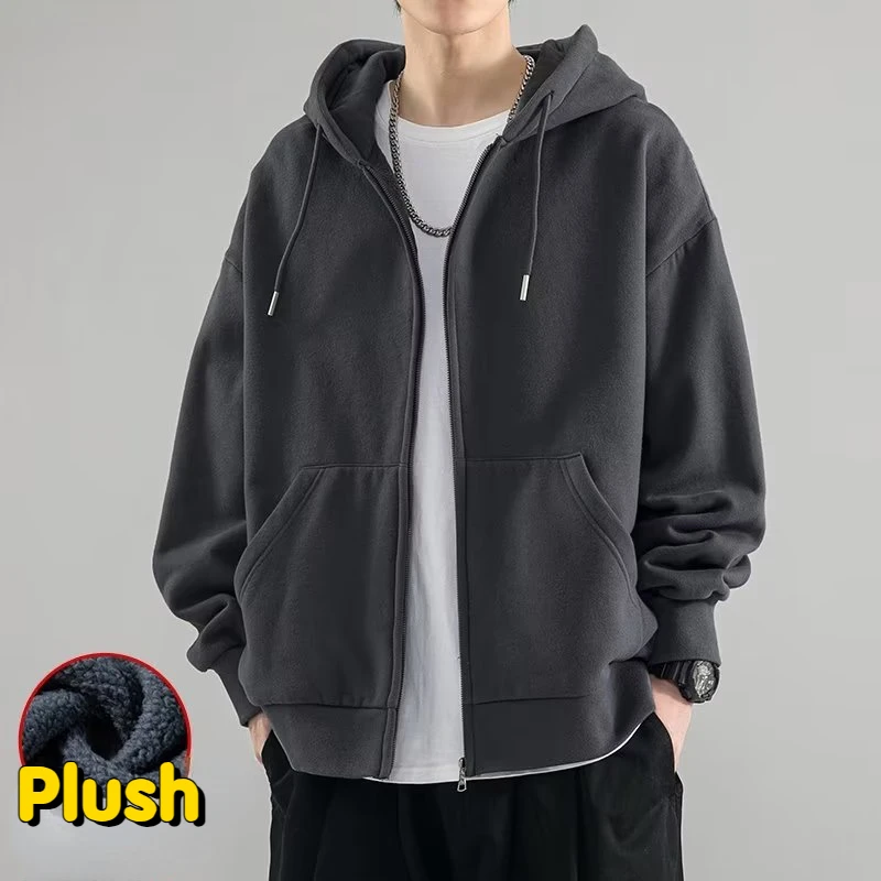 

Harajuku Men's Autumn Winter Trendy Loose Coat Push warm Solid Color Cardigan Sweatshirt Men's Hooded Sweatshirt Jacket 5xl