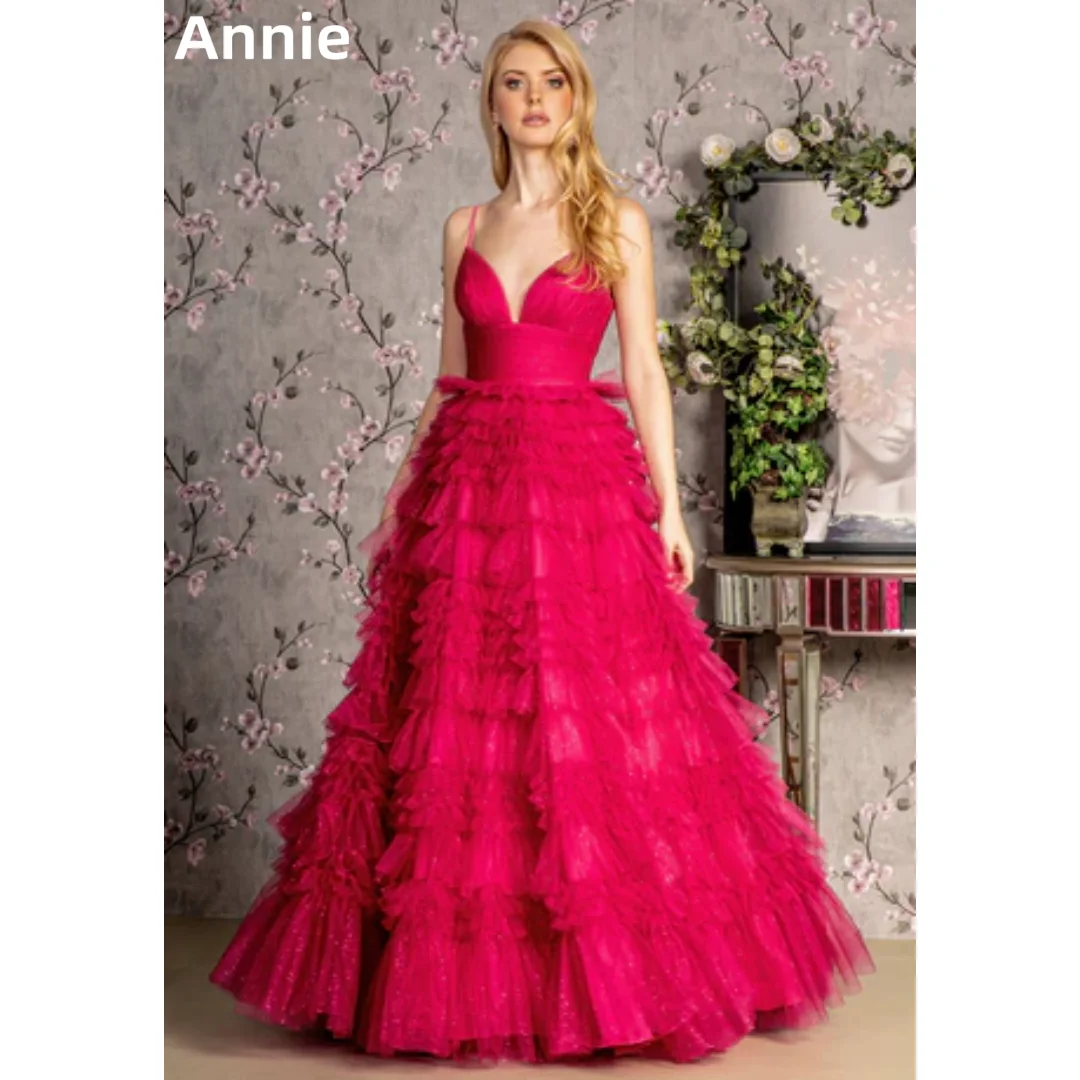 Annie Hot Pink Elegant Wedding Dress Glitter Handmade Tulle Layering Prom Dresses Spaghetti Straps Bespoke Occasion Dresses