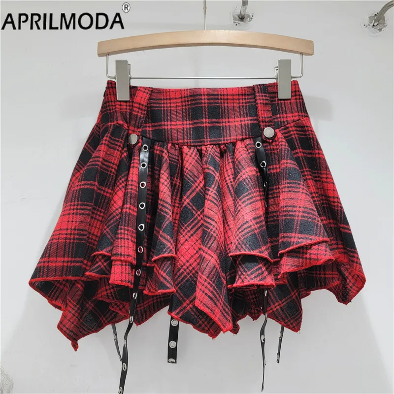 

Korean Kpop Kawaii High Waist Skirts Red Black Plaid Print Pleated Mini Skirt Irregular Gothic Harajuku Y2K 90s A Line Skater