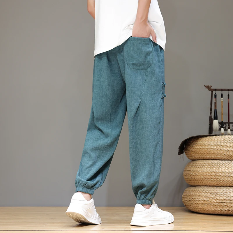 Chinese Style Men's Summer Pants Thin and Light Comfortable Ice Silk y2k Pants Men Solid Color Loose Ankle-Length Pants