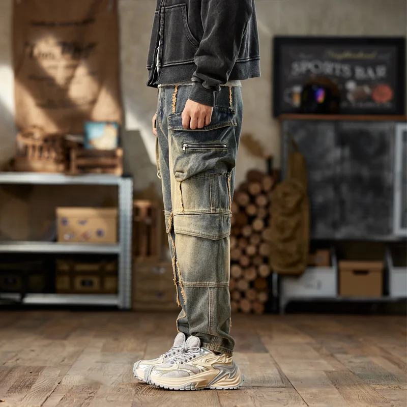 Men's Fashion Oversized Hip Hop Cargo Jeans Pants With Multi Pockets Loose Fit Washed Vintage Workwear Denim Trousers