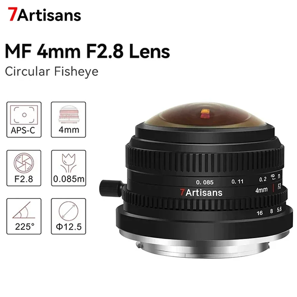 

7artisans 4mm F2.8 225° APS-C Circular Fisheye MF Prime Lens For Sony E A6400 ZVE10 Fujifilm X X-T1 X-Pro1 X-A10 Micro 4/3 EPM1