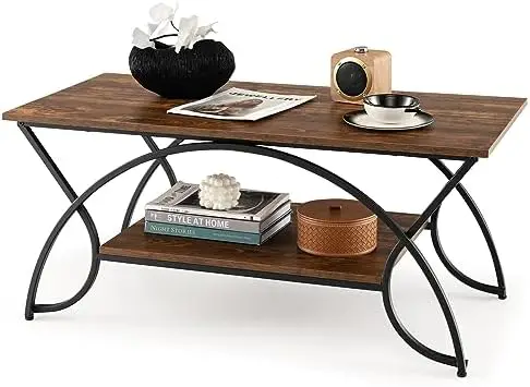 

2-Tier Coffee Table, Industrial Wood Accent Table with and Black Finished Metal Frame, Chic Rectangular Side End Table for Livi