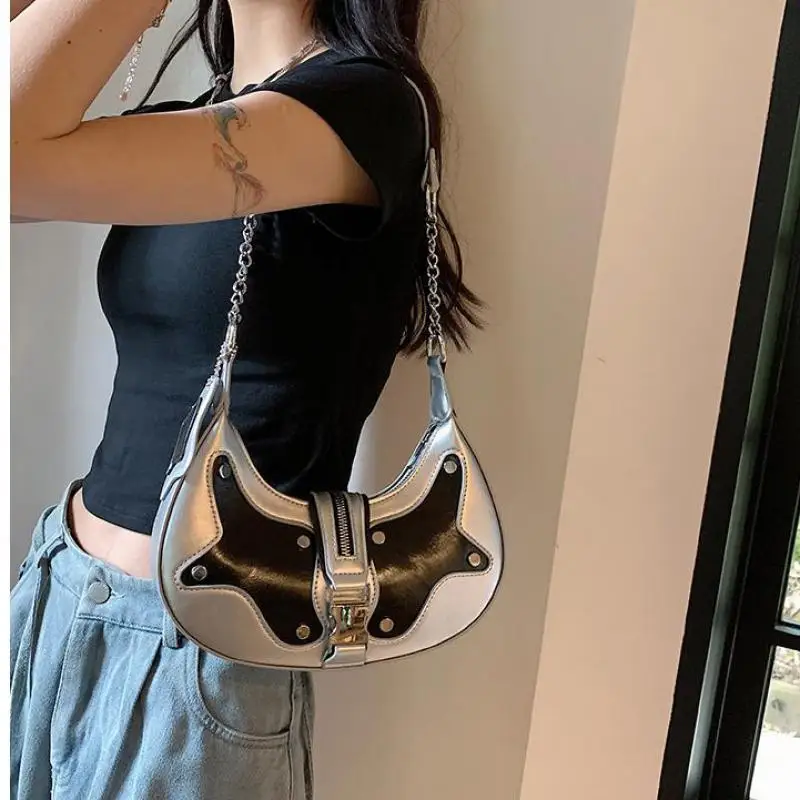 

Сладкая и пряная сумка со звездой и луной, мотоциклетная сумка, сумка с цветными блоками, сумка для подмышек, женская сумка на плечо с шипами Y2k