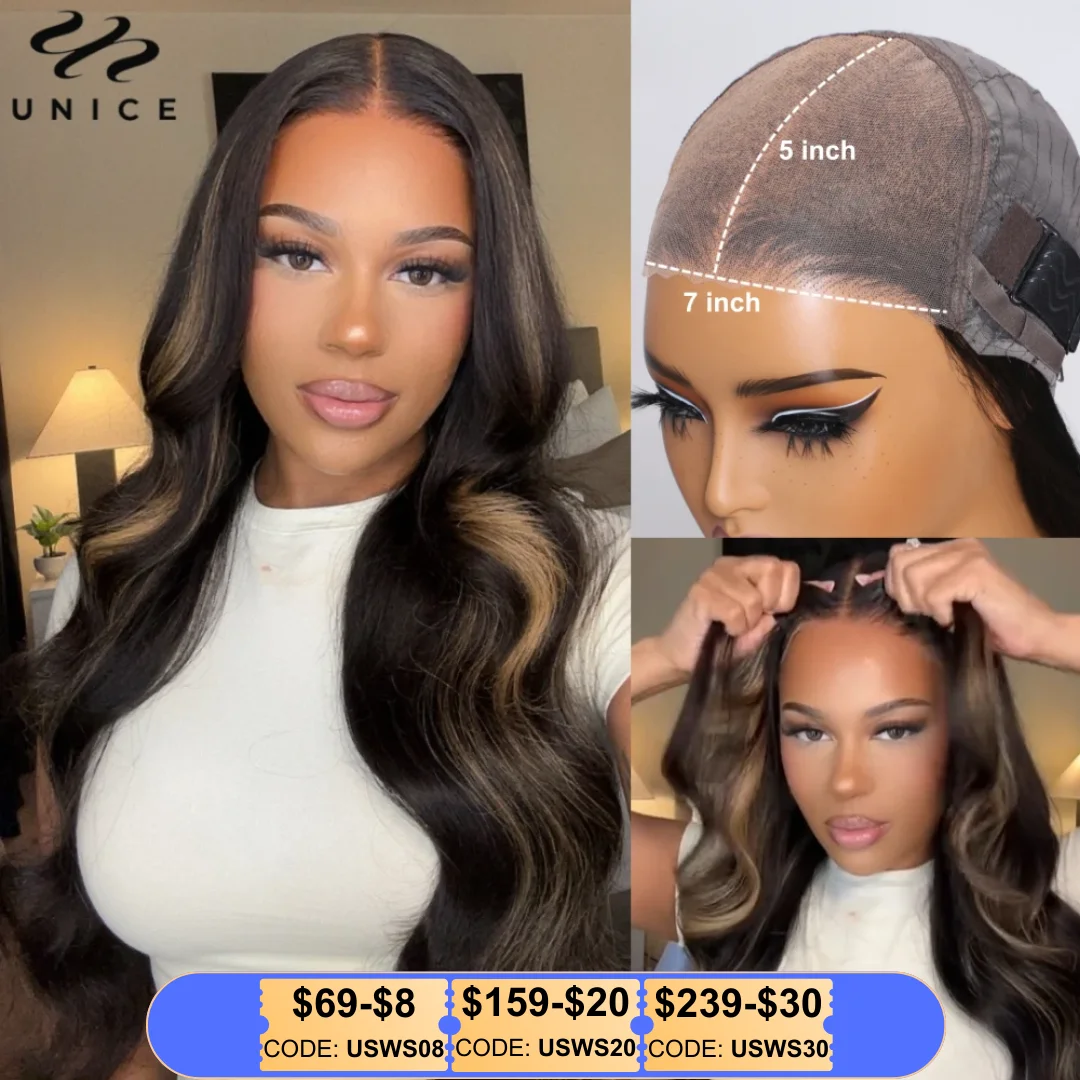 UNice Body Wave Highlight Wig Human Hair 13x4 Lace Frontal Wig Pre Cut Pre Bleached Knots 7x5 Lace Wig Wear Go Glueless Wig