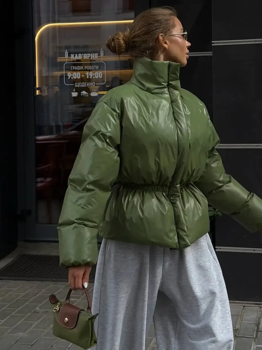 Women Solid Puffer Jacket High Stand Collar Elastic Cinched Waist Peplum Hem Zip Thick Padded Coat Warm Winter Daily Outerwear