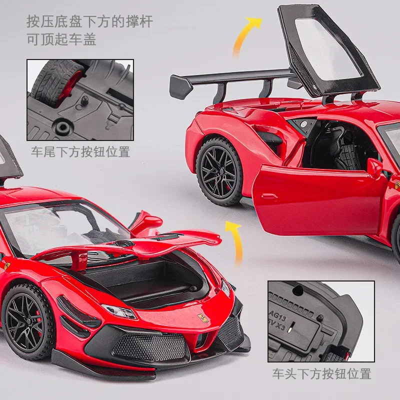 Ferrari-Modèle de voiture de sport F488 en alliage de métal moulé sous pression, haute simulation, son et lumière, nervure arrière, collection de jouets pour enfants, cadeaux, A570, 1:32