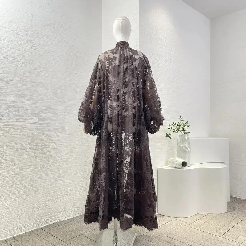 Vestido elegante feminino 2024 wnew alta qualidade marrom/bege manga longa auto laço no pescoço rendas retalhos maxi vestidos para férias