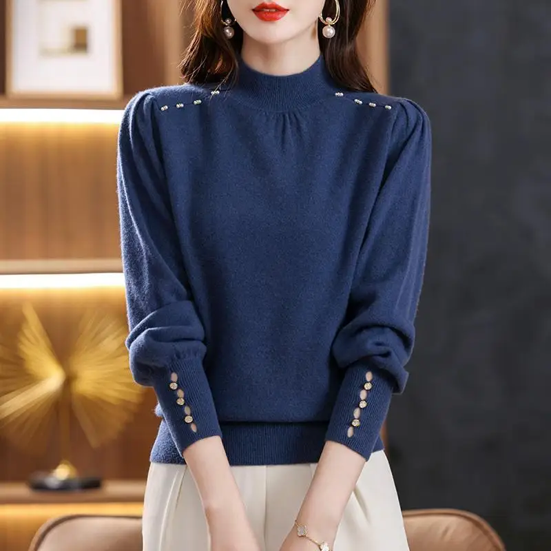 Korean Fashion Half High Collar Elegant Chic Beads Knitted Sweater Women Fall Winter Loose Long Sleeve Solid Pullover Top Jumper