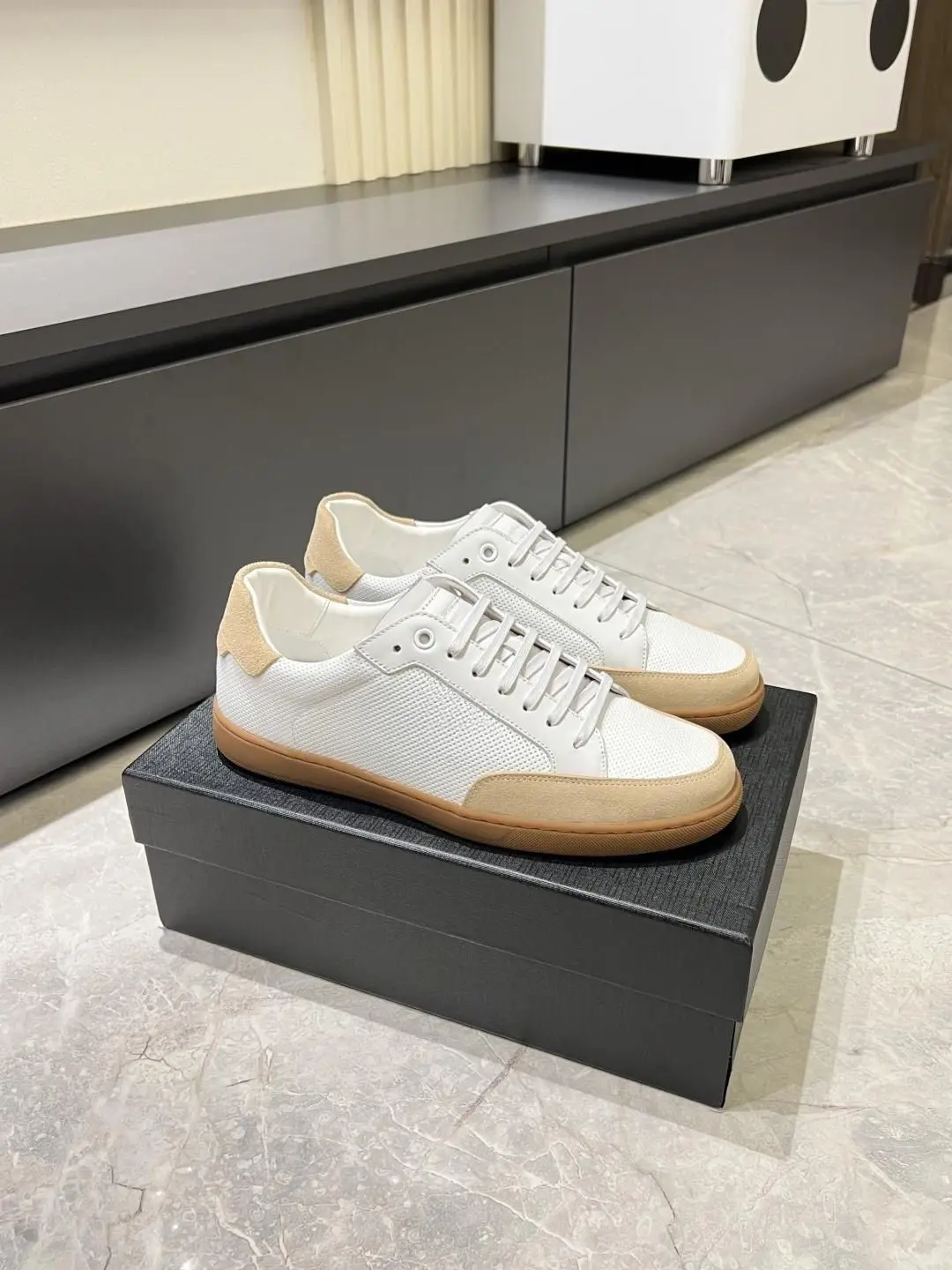 Unisex White & Beige Color Block Low Top Skate Sneakers Perforated Leather & Suede White Laces Gum Sole Casual Board Shoes