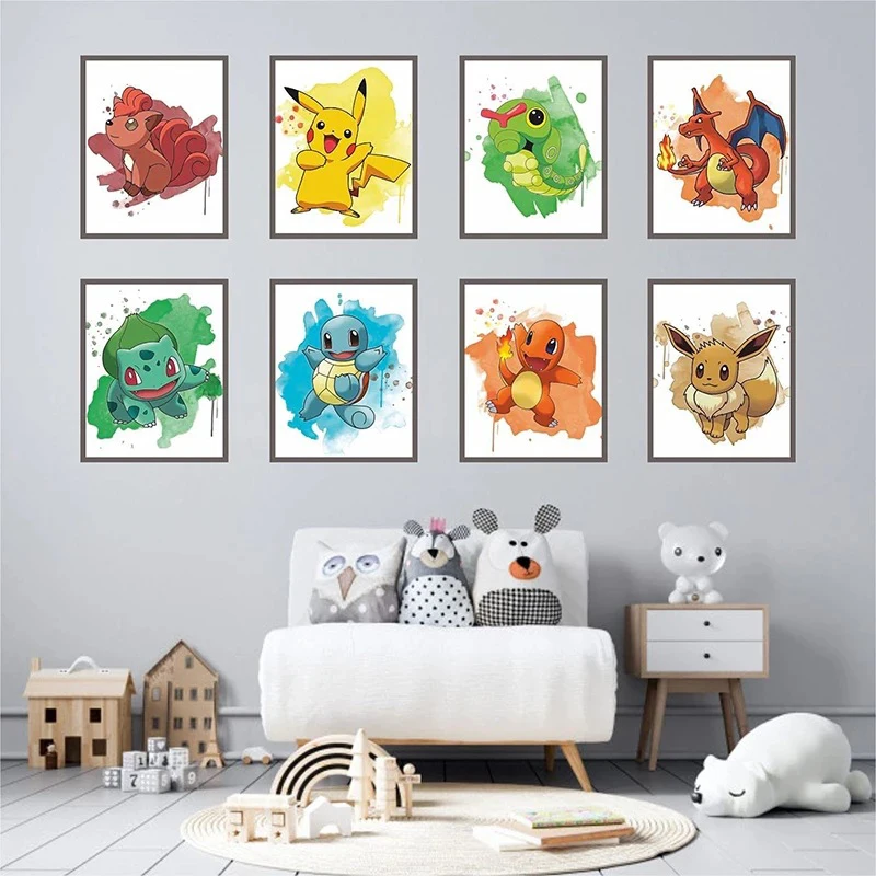 Pintura en Lienzo de Anime Japonés, Pokémon, Pikachu, Charmander, Squirtle, Póster, Impresión, Mural, Cuadro, Decoración de Pared para el Hogar, Regalos, Cuadros