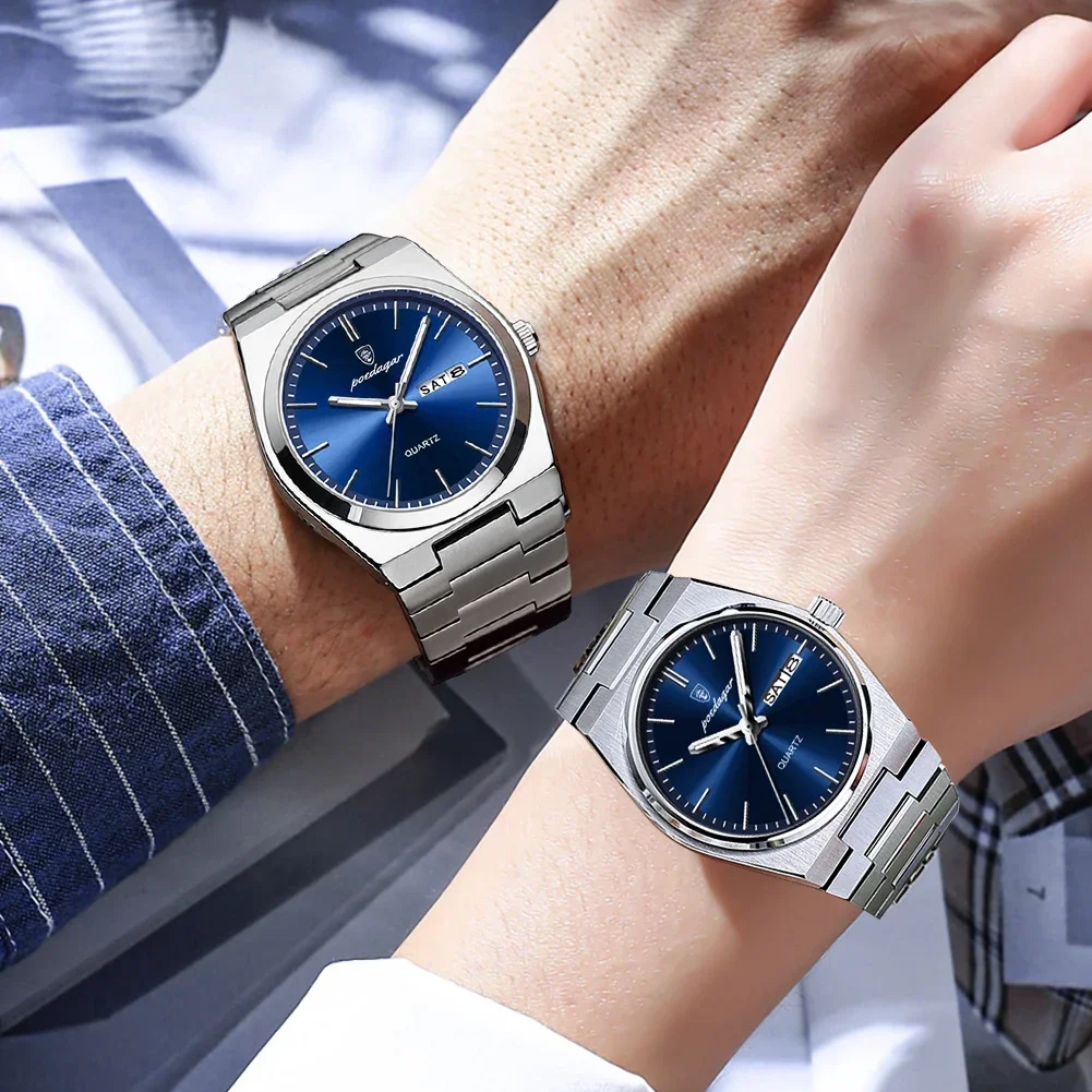 POEDAGAR ساعات الزوجين موضة الاتجاه ساعة كوارتز أصلية للحبيب مقاوم للماء مضيئة تاريخ الأسبوع الرجال والنساء ساعة اليد #6