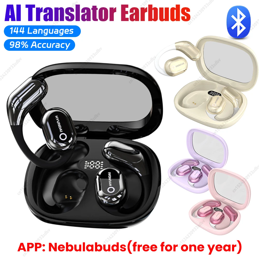144 لغة AI في الوقت الحقيقي سماعات أذن ثنائية الاتجاه متوافقة مع بلوتوث 5.4 جهاز مترجم سماعات أذن للترجمة لنظام Android وiOS