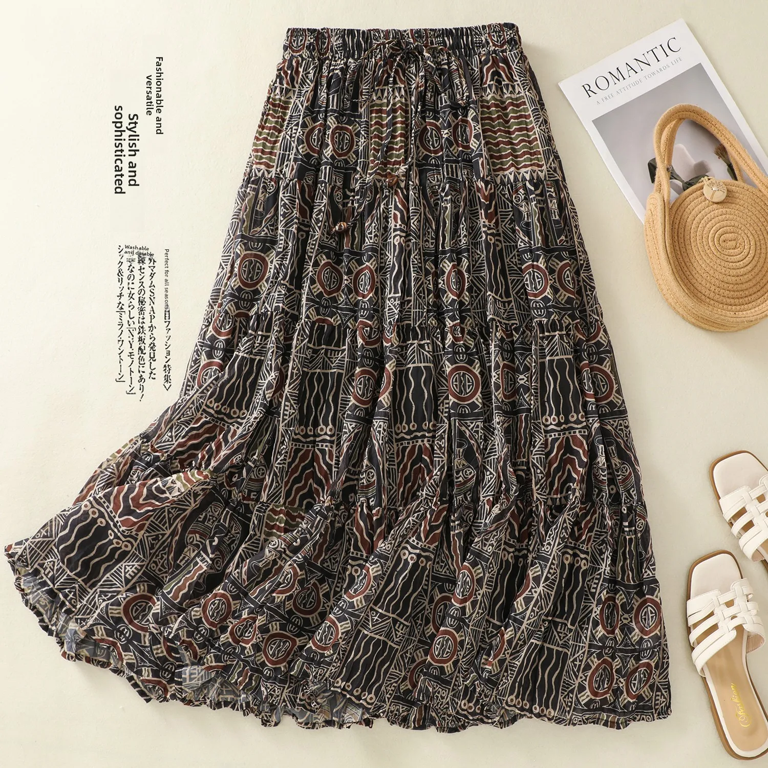 

Original Design Vintage Ethnic Style Double Layered Printed Chiffon Skirt Versatile Loose Fit Midi Skirt for Women
