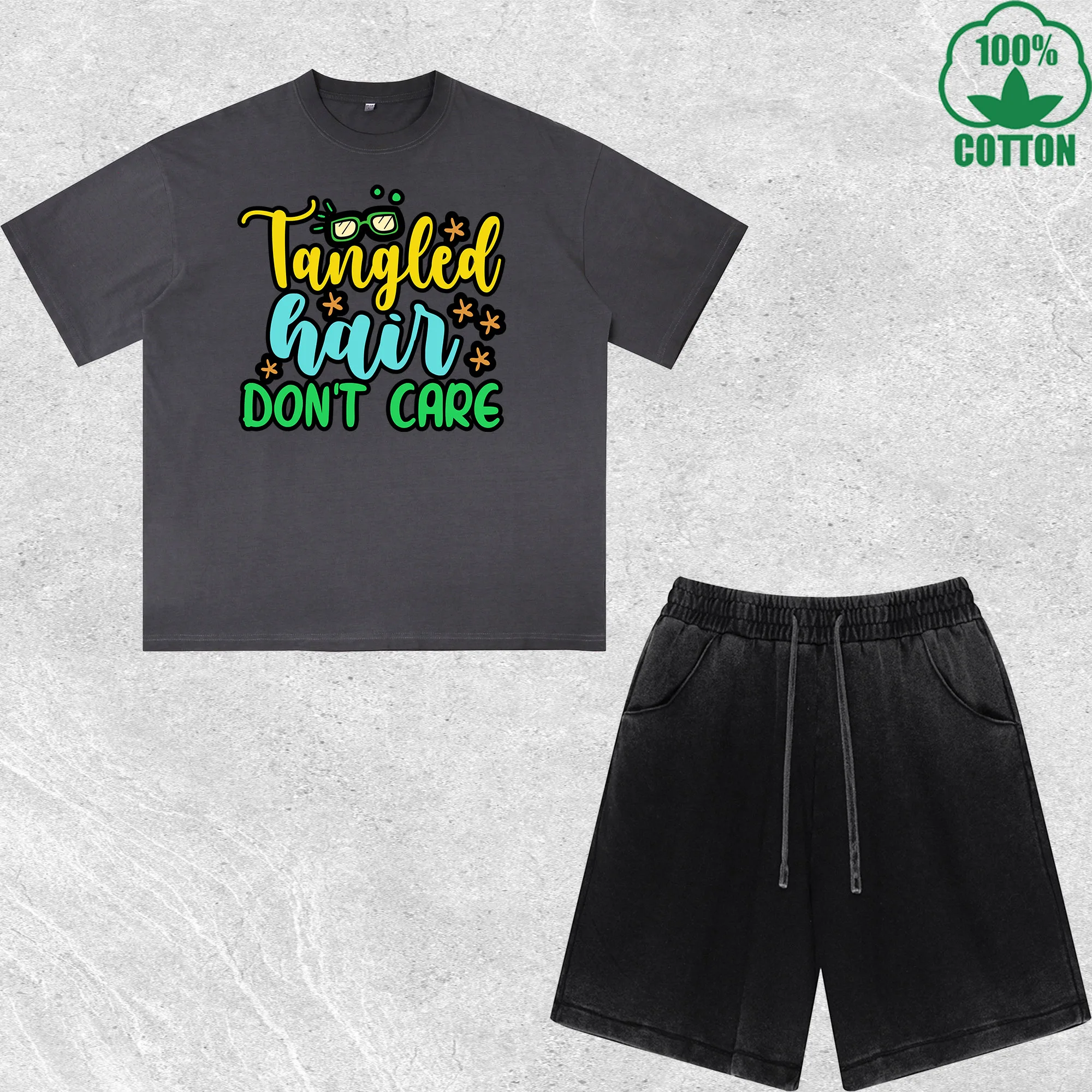 

Tangled Hair Don t Care Printed Dirty Wash T-Shirt Shorts Set Multicolor Combo Loose Trendy Fashionable 100%Cotton
