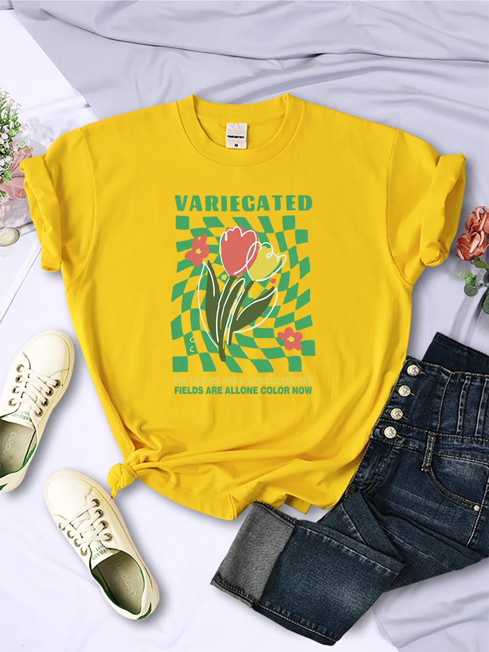 Variegated Tulips Green Grid Cute Printing Women T Shirts Breathable Summer T-Shirt Street Tees Clothing O-Neck Short Sleeve