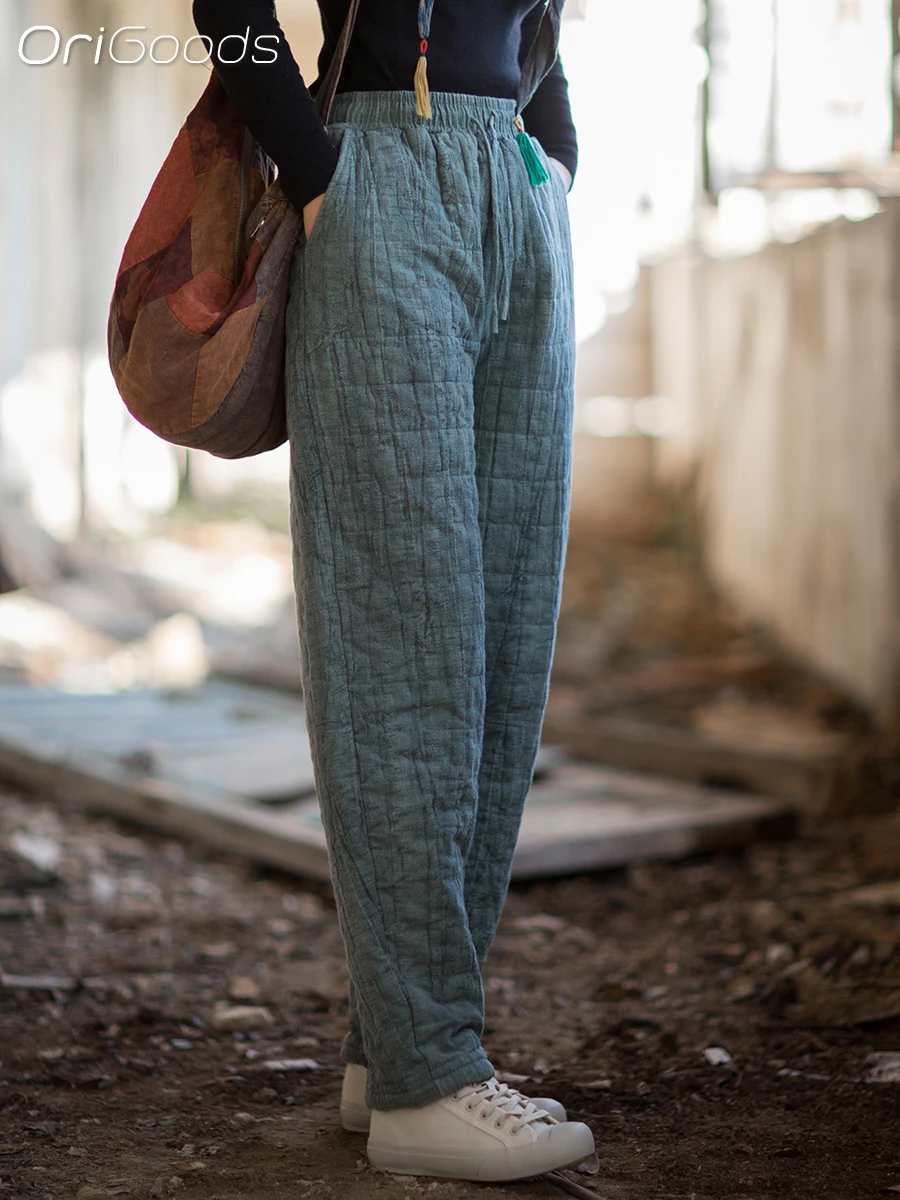 

OriGoods теплые зимние брюки, женские брюки с хлопковой подкладкой Ramie, зимняя одежда в китайском стиле, винтажные стеганые брюки, новинка 2025, B369